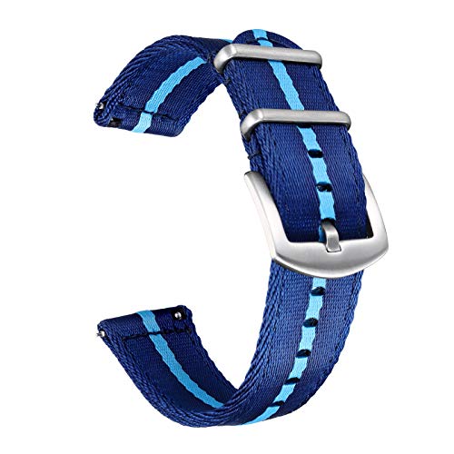 Militär Canvas Seat Belt Nylon Uhrenarmband für Männer Frauen mit Schnellverschluss Edelstahl Silberne Schnalle, Marineblau/Cyan, 20mm von BOLYTE
