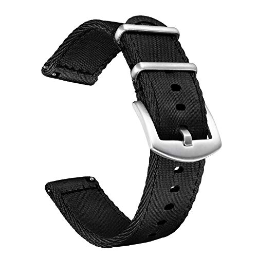 Militär Canvas Seat Belt Nylon Uhrenarmband für Männer Frauen mit Schnellverschluss Edelstahl Silberne Schnalle, Schwarz, 22mm von BOLYTE