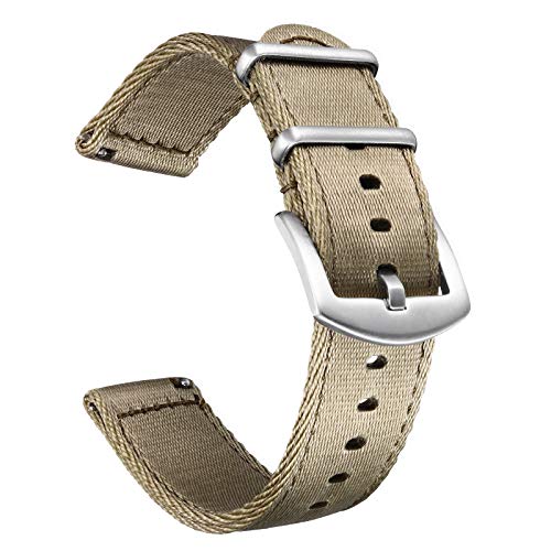 Militär Canvas Seat Belt Nylon Uhrenarmband für Männer Frauen mit Schnellverschluss Edelstahl Silberne Schnalle, Khaki, 22mm von BOLYTE