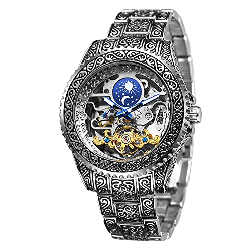 Retro Geschnitzt Skelett Steampunk Automatik Armbanduhr Goldene Silber Herren Uhr mit Metallarmband AM/PM Sonne Mond Geschenke für Manner, Silber von BOLYTE