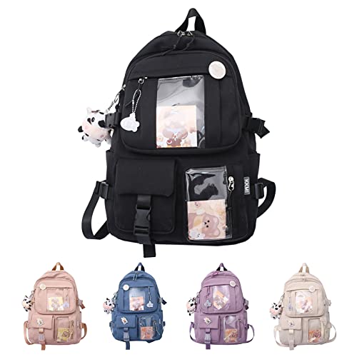 Kawaii Rucksack mit Anstecknadeln, große Kapazität, ästhetische Schultasche für Teenager, Mädchen, mehrere Taschen, adrett, Schultasche mit niedlichem Zubehör, Schwarz von BomKra