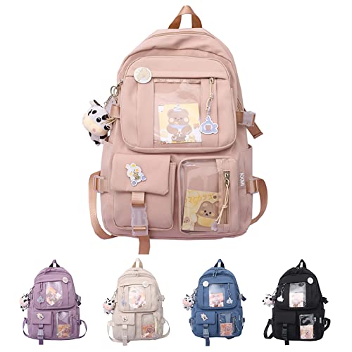 Kawaii Rucksack mit Anstecknadeln, große Kapazität, ästhetische Schultasche für Teenager, Mädchen, mehrere Taschen, adrett, Schultasche mit niedlichem Zubehör, rose von BomKra