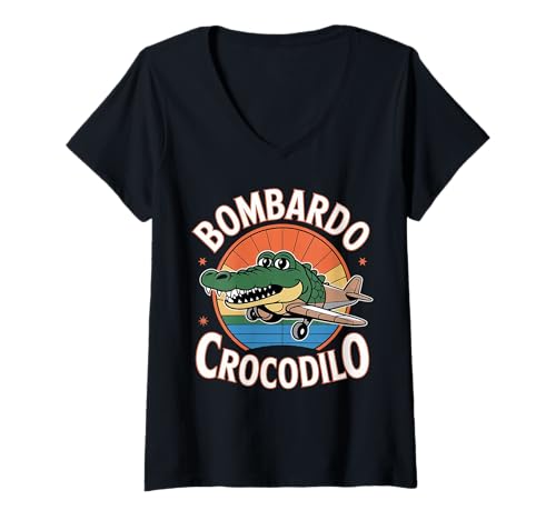 Damen Lustiges italienisches Brainrot Meme Krokodil Euphonium T-Shirt mit V-Ausschnitt Damen Lustiges italienisches Brainrot Meme Krokodil Euphonium T-Shirt mit V-Ausschnitt von Bombardino Crocodilo Meme