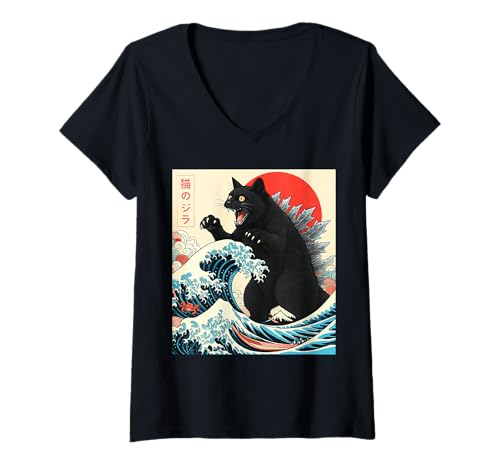 Damen Catzilla Bombay Cat Japanische Kunst Lustige Schwarze Katze Geschenke T-Shirt mit V-Ausschnitt von Bombay Cat Japanese Art Funny Cat Gifts Tee
