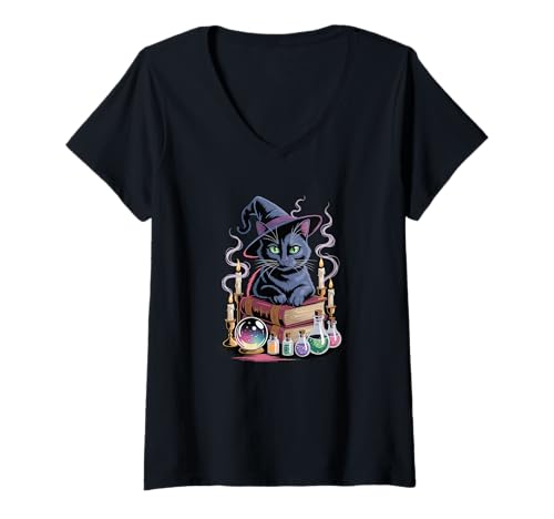 Damen Halloween Hexe Bombay Katze T-Shirt mit V-Ausschnitt Damen Halloween Hexe Bombay Katze T-Shirt mit V-Ausschnitt von Bombay Cat Lover Gifts