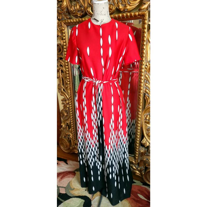 Vintage 70Er Jahre L'aiglon Original Rotes Mod Print Maxi Kleid Mit Gürtel von BombshellyVintage