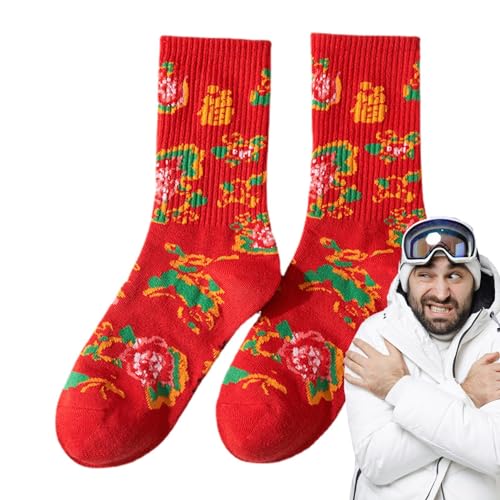 Rote Socken Zum Chinesischen Neujahr | Lässige Warme Winter-Baumwollsocken | Chinesische Traditionelle Socken Mit Mittlerer Wade | Weiche Festliche Schuhsocken - Vielseitige Chinesische Glückssocken von BommFu