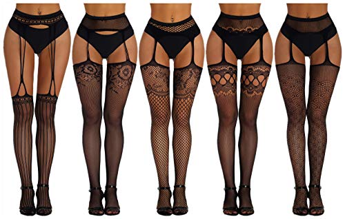 Bommi Fairy 5 Paar Damen Elastisch Netzstrumpfhose mit hoher Taille Sexy Strumpfband Schwarze Strümpfe mit Spitzenmuster Strapsen Halterlose Strümpfe (Schwarz-5 Pack-B) von Bommi Fairy