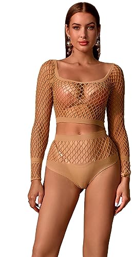 Bommi Fairy Damen Ausschnitt Fischnetz Dessous Set Reizwäsche Sexy Oberteil mit Unterteil Transparente Langarmshirts Party Kostüm Set (Mandel) von Bommi Fairy