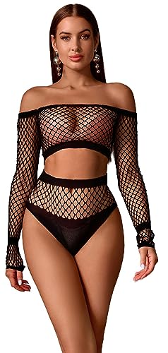 Bommi Fairy Damen Ausschnitt Fischnetz Dessous Set Reizwäsche Sexy Oberteil mit Unterteil Transparente Langarmshirts Party Kostüm Set (Schwarz) von Bommi Fairy