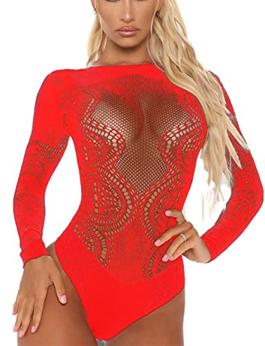 Bommi Fairy Damen Body Sexy Mesh Langarm Bodysuit Bluse Rundhals Oberteile Babydoll Lingerie Jumpsuit Bodysuit Einteilige Teddy (Rot) von Bommi Fairy