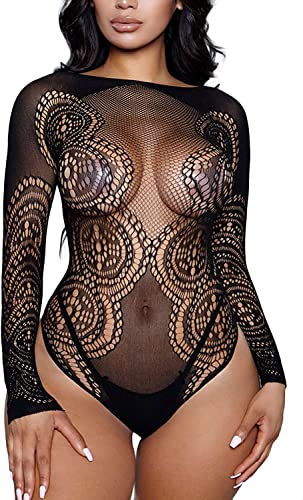 Bommi Fairy Damen Body Sexy Mesh Langarm Bodysuit Bluse Rundhals Oberteile Babydoll Lingerie Jumpsuit Bodysuit Einteilige Teddy (Schwarz) von Bommi Fairy