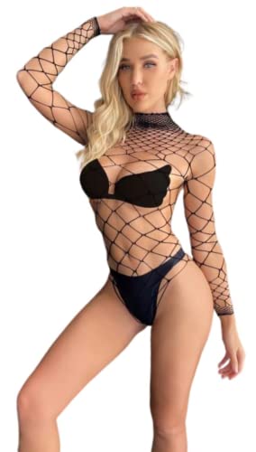 Bommi Fairy Damen Body Sexy Sheer Mesh Langarm Bodysuit Bluse Tops Overall Bodysuit mit Rundhals für Frauen Eleganter Jumpsuit (Schwarz-2) von Bommi Fairy