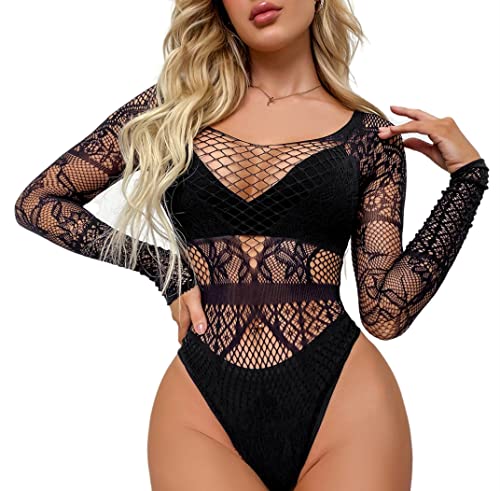 Bommi Fairy Damen Body Sexy Sheer Mesh Langarm Bodysuit Bluse Tops Overall Bodysuit mit Rundhals für Frauen Eleganter Jumpsuit (Schwarz-3) von Bommi Fairy