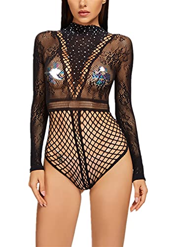 Bommi Fairy Damen Body Sexy Sheer Mesh Pailletten Langarm Bodysuit Bluse Tops Spitze Rundhals Oberteile Babydoll Lingerie Jumpsuit Bodysuit Einteilige Teddy (Schwarz) von Bommi Fairy