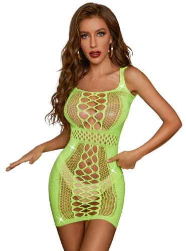 Bommi Fairy Damen Body Sexy Sheer Mesh Strass besetzt Bodysuit Bodysuit Eleganter Jumpsuit Bodystockings Mini Kleid Badydoll Fischnetz Dessous (Fluoreszierendes Gelb) von Bommi Fairy