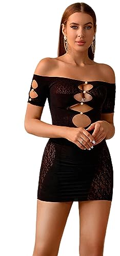 Bommi Fairy Damen Bodycon Fishnet Mini Kleid Trägerloser Dessous BodysuitClub Wear Party KleidSpitze Strumpfhosen Mit Perlen (Schwarz) von Bommi Fairy