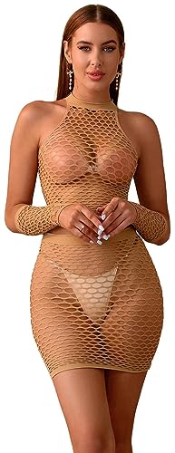 Bommi Fairy Damen Dessous Fischnet Mesh Lingerie Bodysuit Outfits Exotische Sets Netz Top + Wrap Rock + Sexy Hand Socken Party Wear Hollow Out Mini Dress (Mandel) von Bommi Fairy