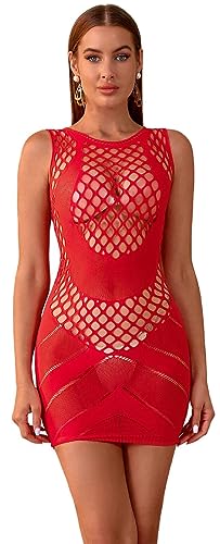 Bommi Fairy Damen Dessous Fischnetz Sexy Dessous Langes Schlauchkleid Outfits Bodycon Stretch Rundhalsausschnitt Party Club Maxikleid (Rot) von Bommi Fairy