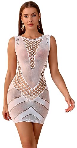 Bommi Fairy Damen Dessous Fischnetz Sexy Dessous Langes Schlauchkleid Outfits Bodycon Stretch Rundhalsausschnitt Party Club Maxikleid (Weiß) von Bommi Fairy