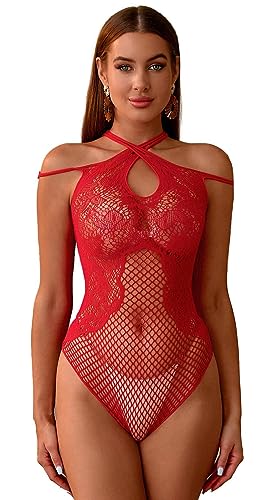 Bommi Fairy Damen Dessous Floral Spitze Fishnet Teddy Halter Bodysuit Babydoll Mesh Lingerie Sexy Shapewear Spitzenblumen Clubwear Top Leotard (Rot) von Bommi Fairy