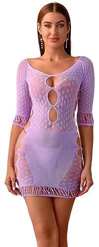 Bommi Fairy Damen Dessous Mesh Ausschnitt Cut-Out Bodycon Sexy Minikleid Fishnet Durchsichtiges Kleid Dessous Club Wear Party Kleid Out Fits (Hellviolett) von Bommi Fairy