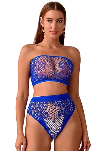 Bommi Fairy Damen Dessous Mesh Cut-Out Ausschnitten Fishnet Dessous Set Tube Top mit Reizwäsche Durchsichtige Club Wear Party Kostüm Set (Blau) von Bommi Fairy