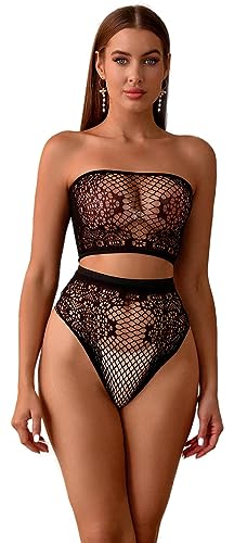 Bommi Fairy Damen Dessous Mesh Cut-Out Ausschnitten Fishnet Dessous Set Tube Top mit Reizwäsche Durchsichtige Club Wear Party Kostüm Set (Schwarz) von Bommi Fairy