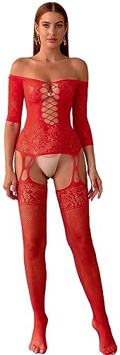 Bommi Fairy Damen Dessous Mesh Spitze Bodystocking Schulterfrei Netz Bodysuit Ausgeschnitten Strumpfhose Chemise Strumpfhalter Reizwäsche (Rot) von Bommi Fairy