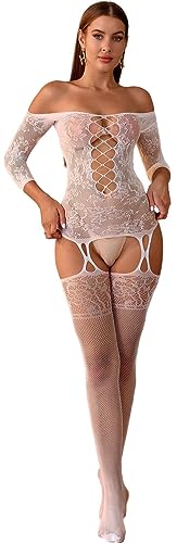 Bommi Fairy Damen Dessous Mesh Spitze Bodystocking Schulterfrei Netz Bodysuit Ausgeschnitten Strumpfhose Chemise Strumpfhalter Reizwäsche (Weiß) von Bommi Fairy