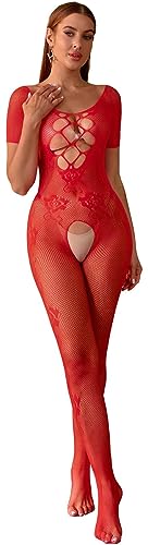 Bommi Fairy Damen Dessous Mesh Spitze Bodystocking Schulterfrei Netz Bodysuit Ausgeschnittene Strumpfhose Schrittfreie Bodycon Reizwäsche (Rot) von Bommi Fairy