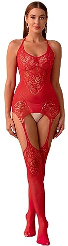 Bommi Fairy Damen Dessous Netz Bodystocking Spitze Dessous Strumpfhalter Halter Nachtwäsche Ausschnitten Strumpfgürtel Strumpfbänder Strumpfhosen (Rot) von Bommi Fairy