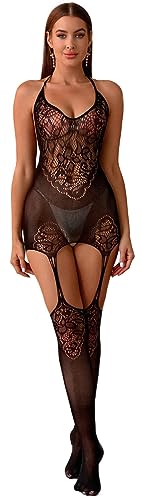 Bommi Fairy Damen Dessous Netz Bodystocking Spitze Dessous Strumpfhalter Halter Nachtwäsche Ausschnitten Strumpfgürtel Strumpfbänder Strumpfhosen (Schwarz) von Bommi Fairy