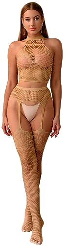 Bommi Fairy Damen Dessous Set Spitze Strumpfband + Oberteil Hohlkörper Fischnetz Netz Nachtwäsche Party Base Freie Größe (Mandel) von Bommi Fairy