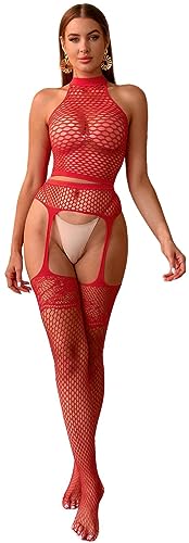 Bommi Fairy Damen Dessous Set Spitze Strumpfband + Oberteil Hohlkörper Fischnetz Netz Nachtwäsche Party Base Freie Größe (Rot) von Bommi Fairy