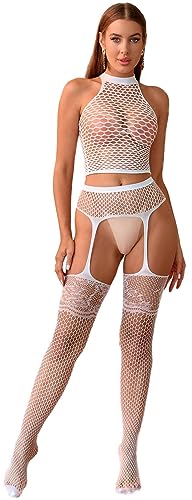 Bommi Fairy Damen Dessous Set Spitze Strumpfband + Oberteil Hohlkörper Fischnetz Netz Nachtwäsche Party Base Freie Größe (Weiß) von Bommi Fairy