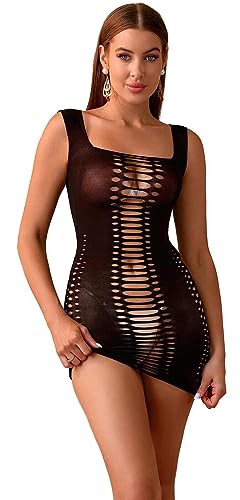 Bommi Fairy Damen Dessous Sexy Fischnetz Ausgeschnittenes Minikleid Bodysuit Bodycon Kleid Rundhalsausschnitt Teddy Brüste Röckchen Brust-Wickelrock (Schwarz) von Bommi Fairy