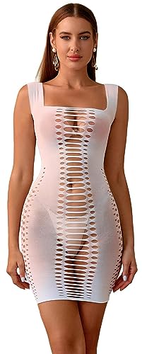 Bommi Fairy Damen Dessous Sexy Fischnetz Ausgeschnittenes Minikleid Bodysuit Bodycon Kleid Rundhalsausschnitt Teddy Brüste Röckchen Brust-Wickelrock (Weiß) von Bommi Fairy