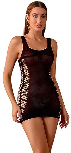 Bommi Fairy Damen Dessous Sexy Fishnet Bodysuit Bodycon Kleid Tief Rundhalsausschnitt Hollow Out Babydoll Mini Kleid Reizwäsche Einheitsgröße (Schwarz) von Bommi Fairy