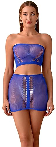 Bommi Fairy Damen Dessous Sexy Naughty Durchsichtige Hollow-Out Dessous Fishnet Set Tube Top mit Unterwäsche Nachtwäsche zerrissen (Blau) von Bommi Fairy