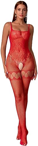 Bommi Fairy Damen Dessous Strapsstrümpfe Reizwäsche Bodysuit Mesh Jumpsuit Sexy Netzstrumpfhose Bodycon Babydoll (Rot) von Bommi Fairy