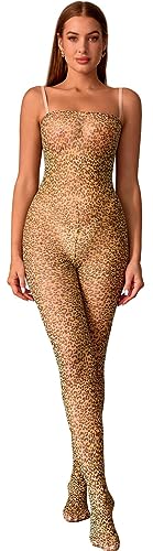 Bommi Fairy Damen Durchsichtiger Mesh Jumpsuit Sexy Sling Bodysuit Fischnetz Leopard Muster Schrittfrei BodyconParty Clubwear Einheitsgröße (Leopard) von Bommi Fairy