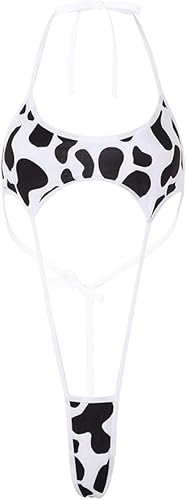 Bommi Fairy Damen EIN Stück Bikini Cut Out Halter BH mit G String Bodysuit Cow Print Einheitsgröße rückenfreie Dessous Geeignet für XS-L (Schwarz&Weiß) von Bommi Fairy