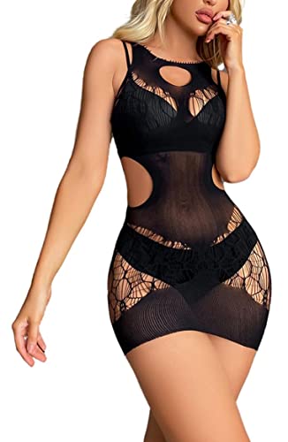 Bommi Fairy Damen Fischnetz Bodycon Kleid Mesh Dessous Cut-Out Cover Neckholder-Dessous Minikleid Outfits Club Wear Party Kleid (Schwarz) von Bommi Fairy