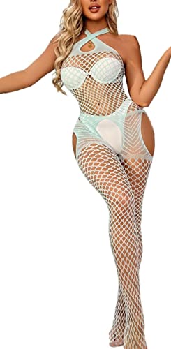 Bommi Fairy Damen Fischnetz Reizwäsche Netzwäsche Cut-Out Netzstrumpf Dessous Mesh Strumpfhosen Babydoll Nachtwäsche Scharf Outfit ClubKleid (Eisblau) von Bommi Fairy