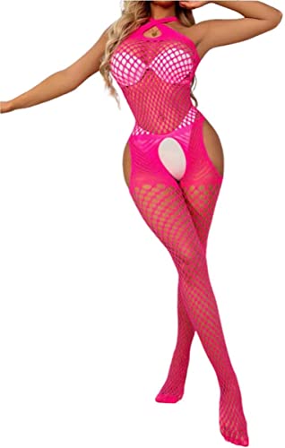 Bommi Fairy Damen Fischnetz Reizwäsche Netzwäsche Cut-Out Netzstrumpf Dessous Mesh Strumpfhosen Babydoll Nachtwäsche Scharf Outfit ClubKleid (Rosa) von Bommi Fairy