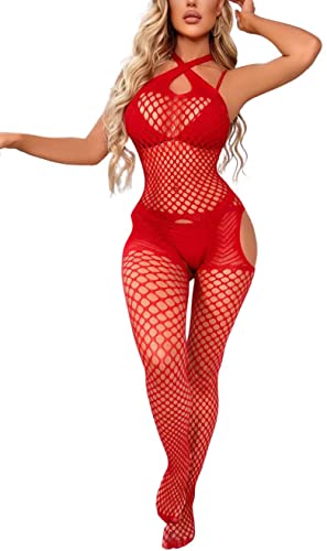 Bommi Fairy Damen Fischnetz Reizwäsche Netzwäsche Cut-Out Netzstrumpf Dessous Mesh Strumpfhosen Babydoll Nachtwäsche Scharf Outfit ClubKleid (Rot) von Bommi Fairy