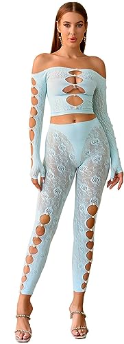 Bommi Fairy Damen Fischnetz Set Spitze Perle Bodystocking Party Kleid Trägerlos Top & Strumpfhose Mesh Dessous Sexy Clubwear (Hellblau) von Bommi Fairy