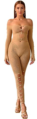 Bommi Fairy Damen Fischnetz Set Spitze Perle Bodystocking Party Kleid Trägerlos Top & Strumpfhose Mesh Dessous Sexy Clubwear (Mandel) von Bommi Fairy