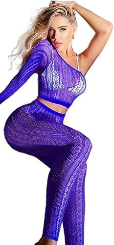 Bommi Fairy Damen Fishnet Spitzen Dessous Mesh Ausschnitt Bodycon Kleid Mit Cut Out Bodys Vollschlupf Rock Teddy EIN-Schulter-Dessous Set Babydolls (Blau) von Bommi Fairy